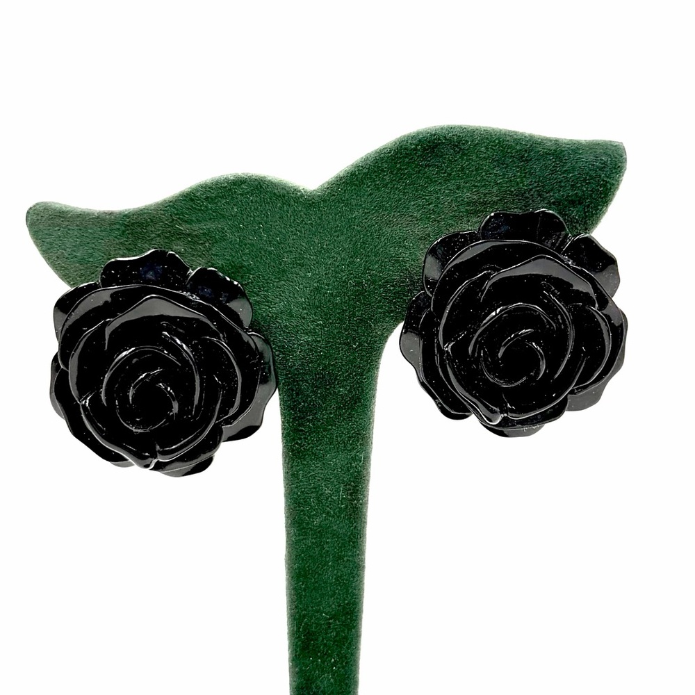 Vintage KJL Kenneth Jay Lane Black Rose Flower Resin Earrings - Picture 2 of 11